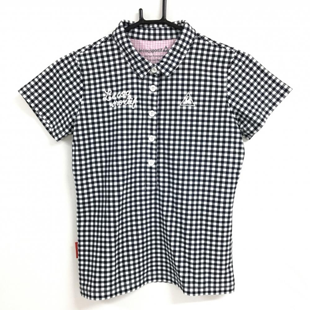 【超美品】ルコック 半袖ポロシャツ 白×黒 ギンガムチェック 前立て内側ピンク ロゴ刺しゅう  レディース M ゴルフウェア le coq sportif