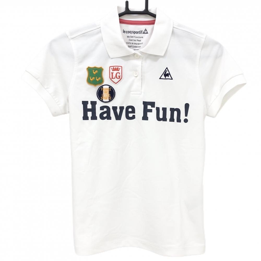 【美品】ルコックゴルフ 半袖ポロシャツ 白×ネイビー フロント英字 複数ワッペン  レディース M ゴルフウェア le coq sportif
