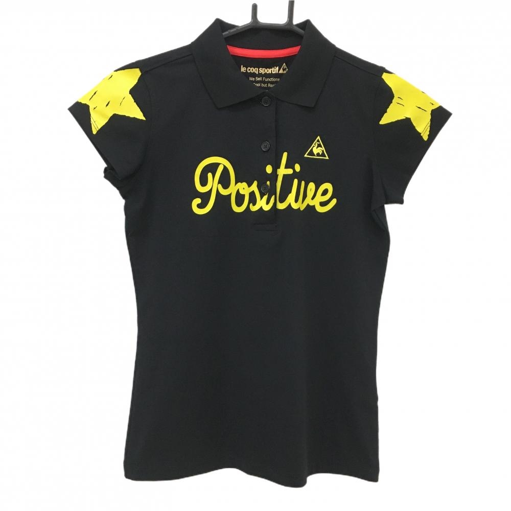 【超美品】ルコックゴルフ 半袖ポロシャツ 黒×イエロー 袖星 ロゴ刺しゅう レディース M ゴルフウェア le coq sportif