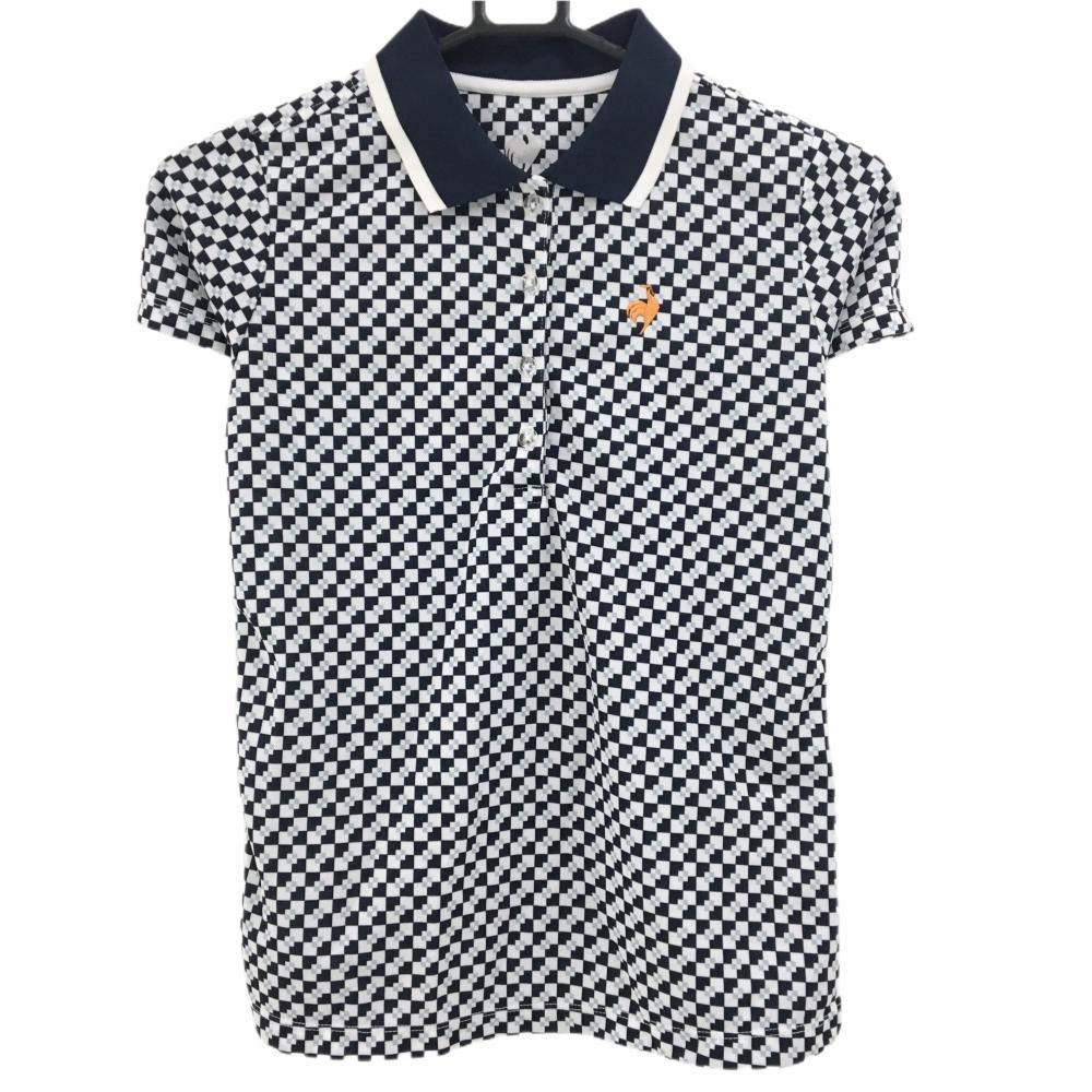 【美品】ルコックゴルフ 半袖ポロシャツ ネイビー×白 ブロックチェック風 レディース M ゴルフウェア le coq sportif