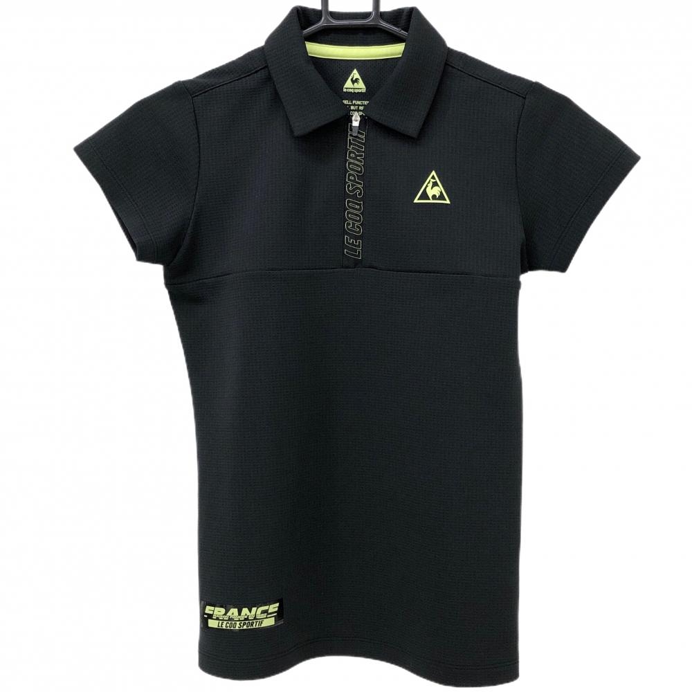 【超美品】ルコックゴルフ 半袖ポロシャツ 黒×イエロー系 ハーフジップ ファスナー部ロゴ レディース M ゴルフウェア le coq sportif