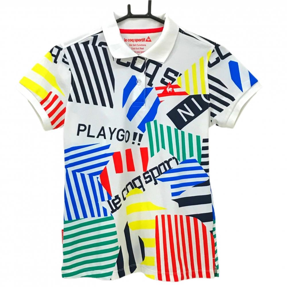 ルコックゴルフ 半袖ポロシャツ 白×マルチカラー 総柄 ロゴ刺しゅう  レディース L ゴルフウェア le coq sportif