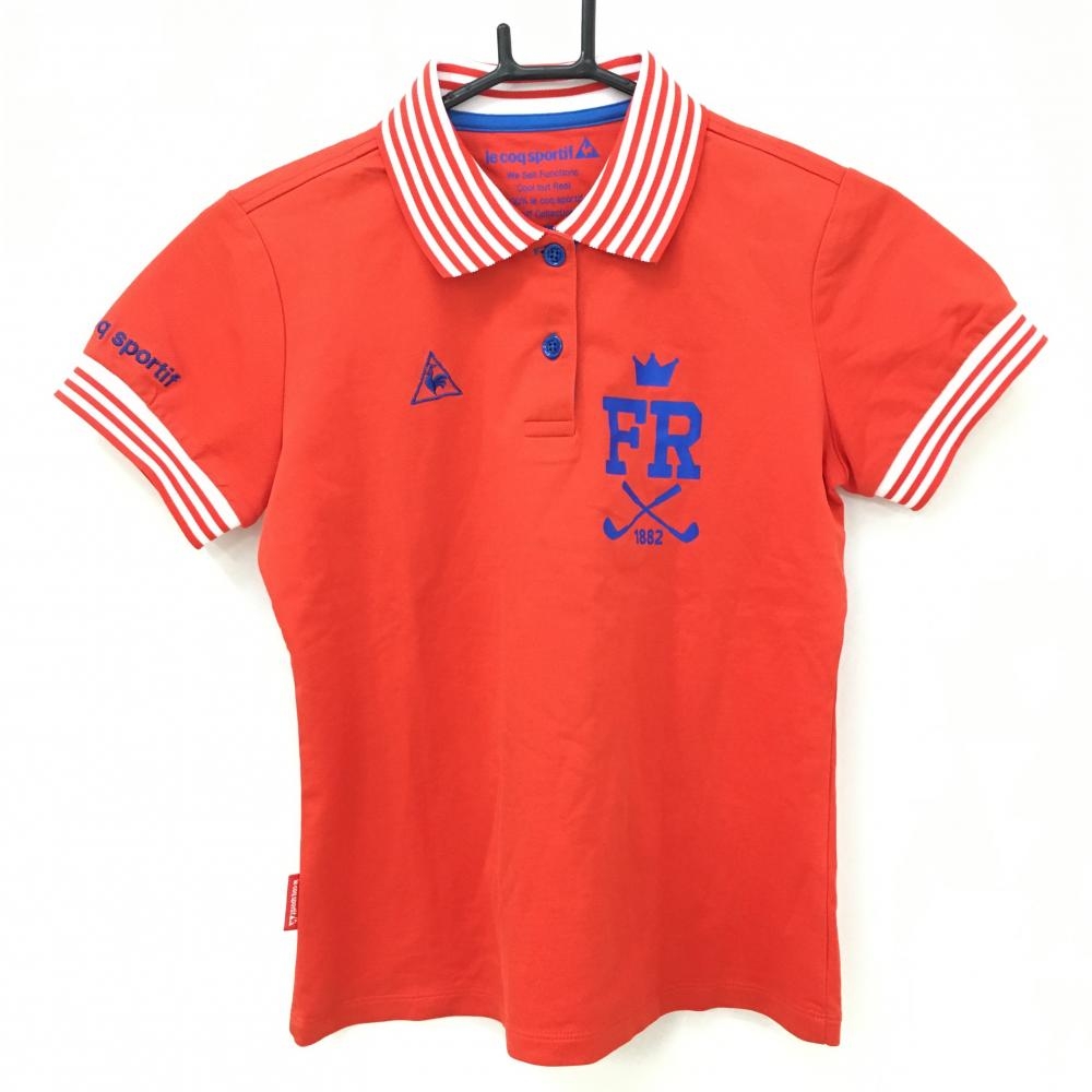 【美品】ルコックゴルフ 半袖ポロシャツ レッド×白 襟・袖口ボーダー ロゴブルー  レディース M ゴルフウェア le coq sportif