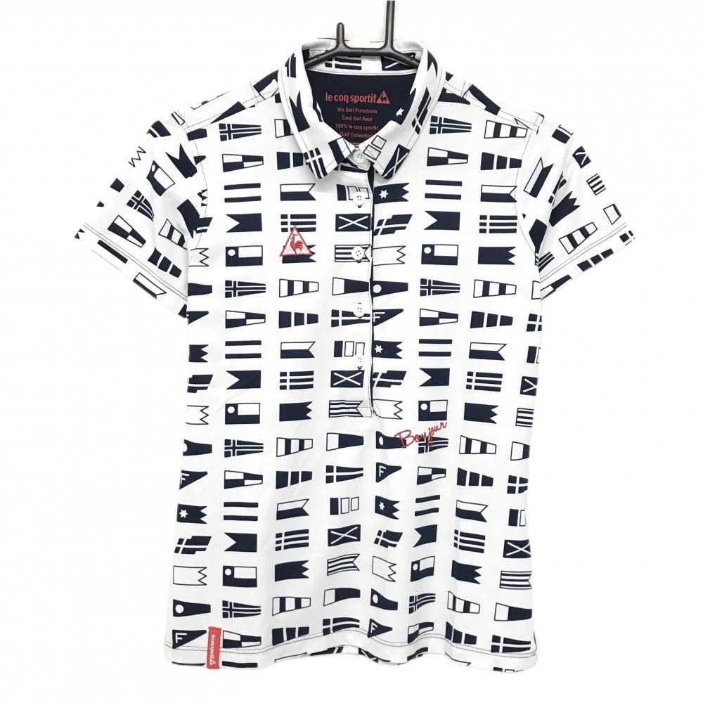 【美品】ルコックゴルフ 半袖ポロシャツ 白×ネイビー 総柄 国旗 胸ロゴ刺しゅう 襟汚れ少 レディース M ゴルフウェア le coq sportif