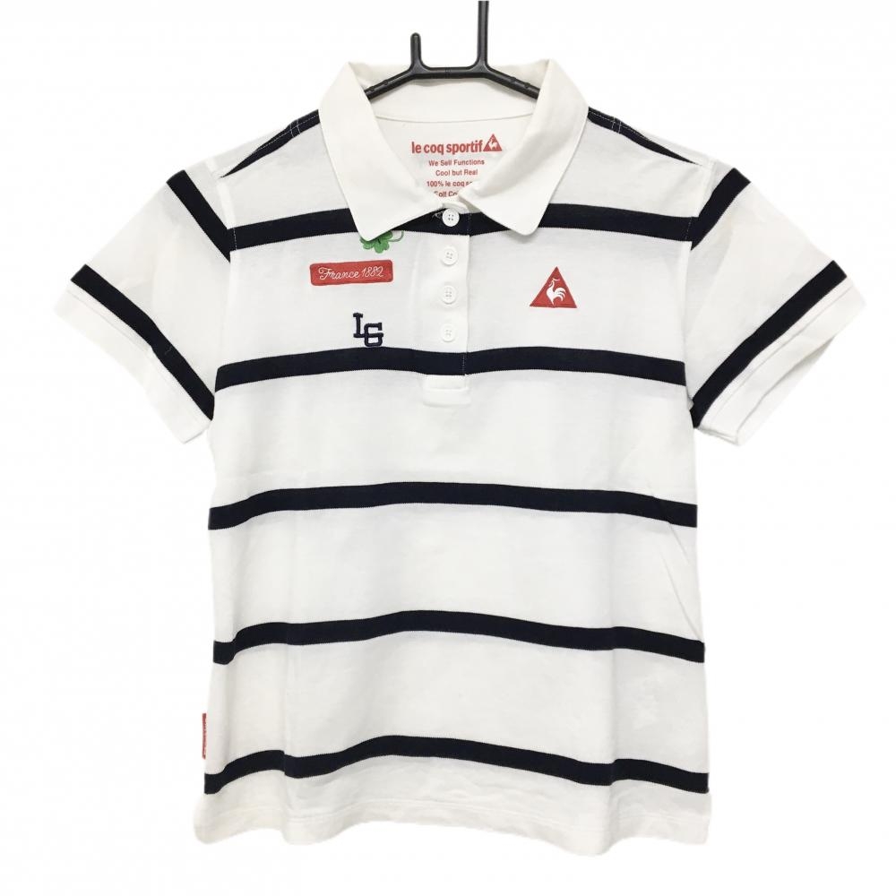 ルコックゴルフ 半袖ポロシャツ 白×ネイビー ボーダー 刺しゅう  レディース L ゴルフウェア le coq sportif
