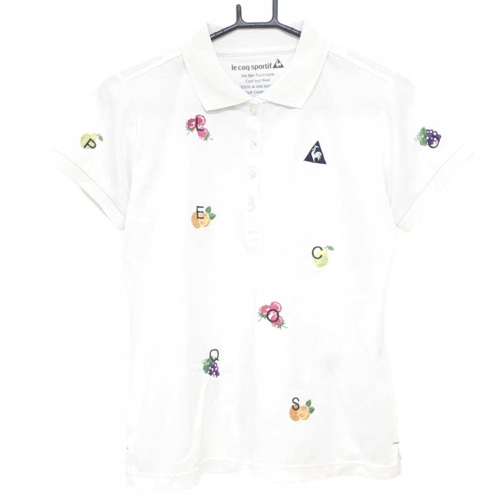ルコックゴルフ 半袖ポロシャツ 白×マルチカラー 前面フルーツ総柄刺しゅう 英字 レディース L ゴルフウェア le coq sportif