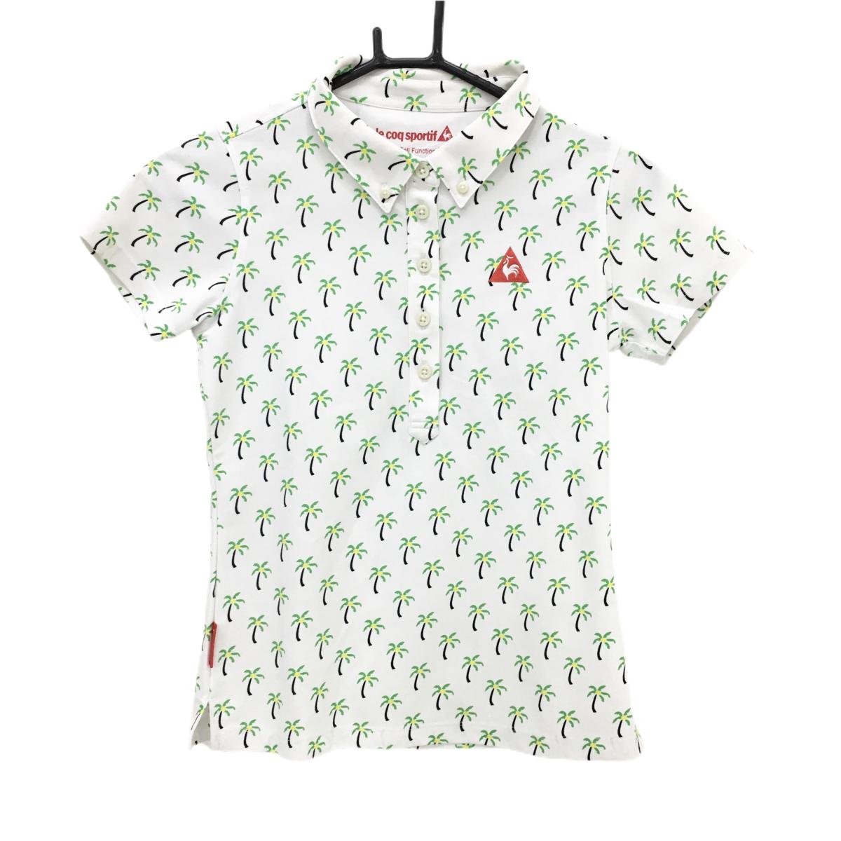 【美品】ルコックゴルフ 半袖ポロシャツ 白×ライトグリーン ヤシの木総柄 ボタンダウン 	 レディース S ゴルフウェア le coq sportif