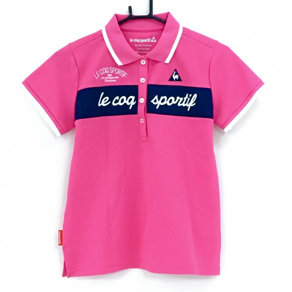 ルコック 半袖ポロシャツ ピンク×ネイビー ロゴプリント  レディース L ゴルフウェア le coq sportif