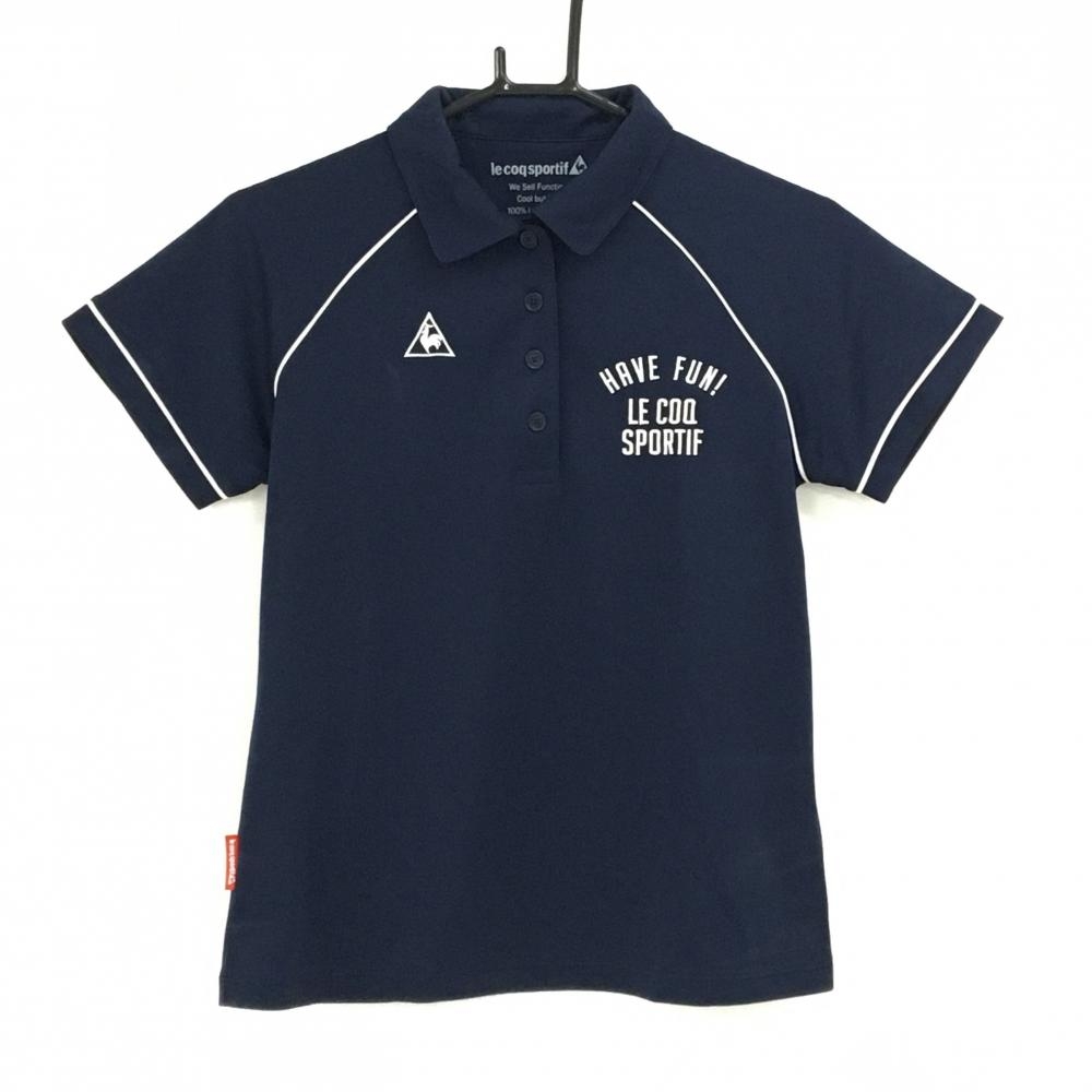 ルコックゴルフ 半袖ポロシャツ ネイビー パイピング白 バックプリント  レディース L ゴルフウェア le coq sportif