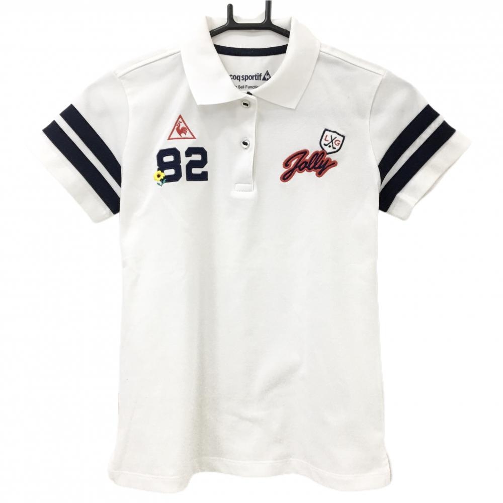 【美品】ルコック 半袖ポロシャツ 白×ネイビー 袖ライン ワッペン レディース S ゴルフウェア le coq sportif