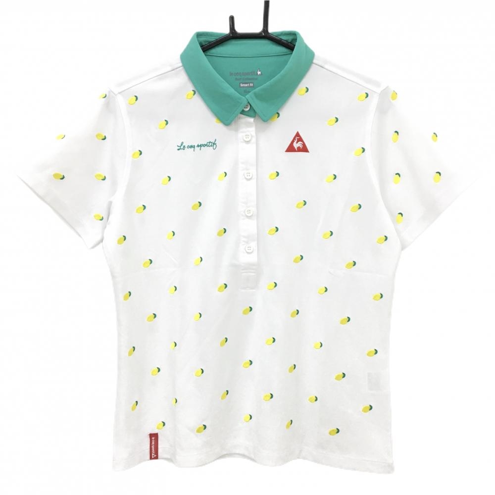 ルコックゴルフ 半袖ポロシャツ 白×イエロー レモン柄 ロゴ刺しゅう レディース LL ゴルフウェア le coq sportif