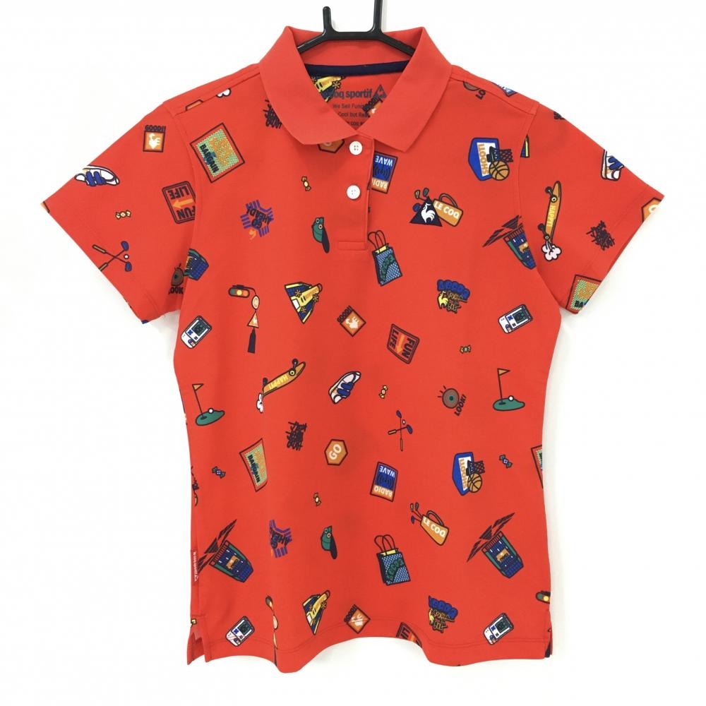 【超美品】ルコックゴルフ 半袖ポロシャツ レッド×マルチカラー 総柄 レディース L ゴルフウェア le coq sportif