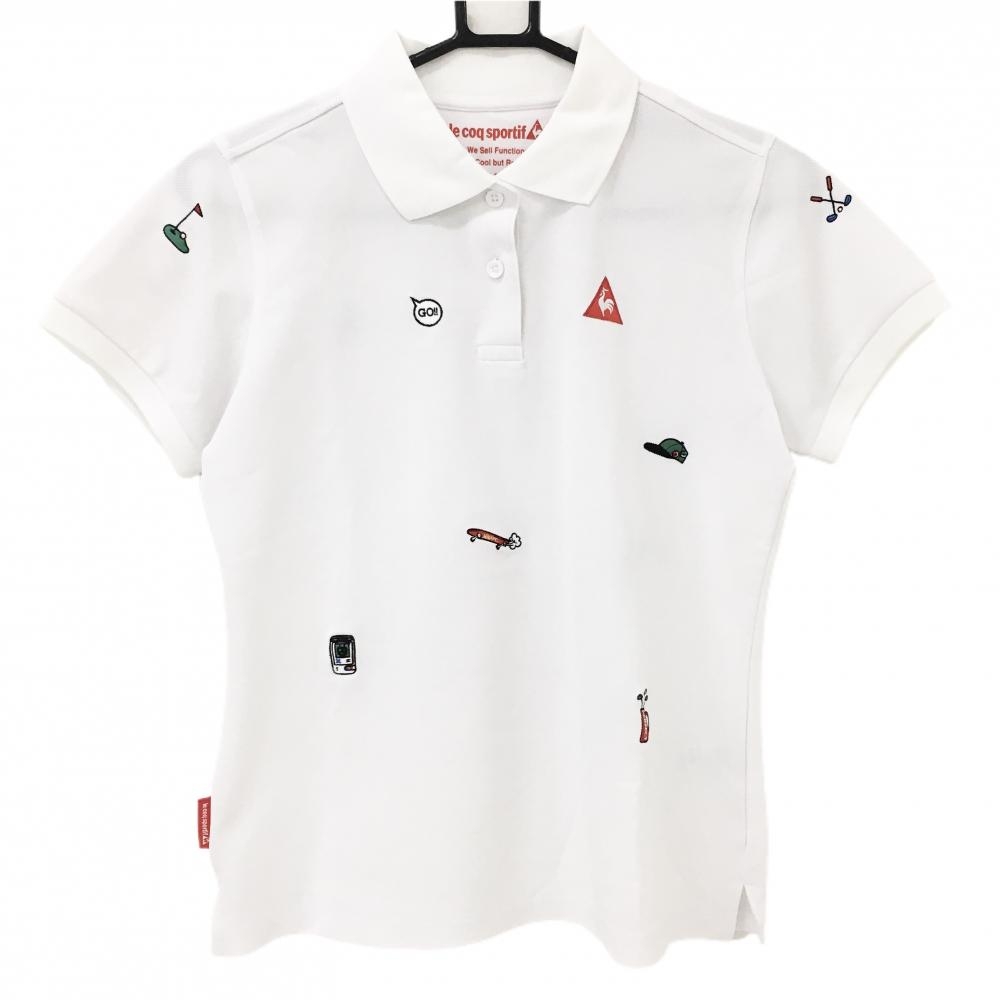 【美品】ルコックゴルフ 半袖ポロシャツ 白 刺しゅう総柄 ロゴ レディース L ゴルフウェア le coq sportif