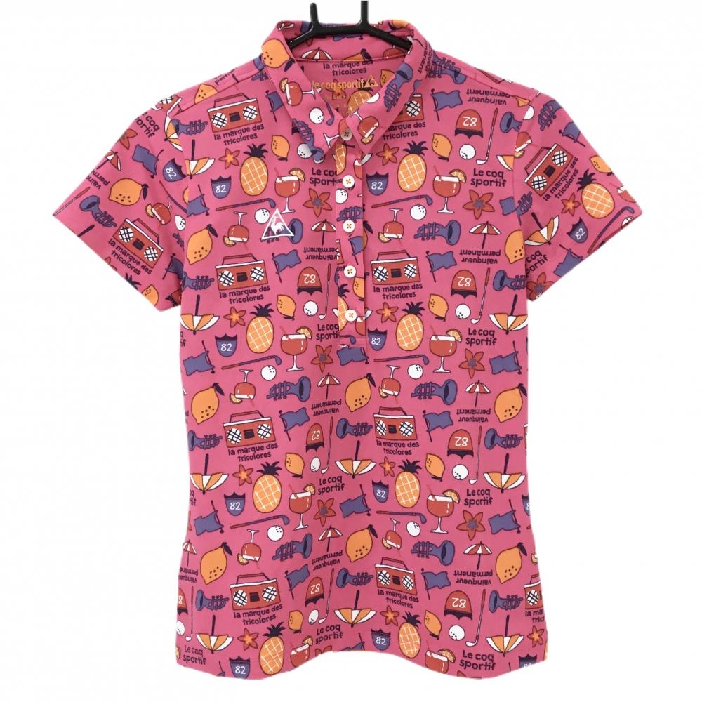 【超美品】ルコックゴルフ 半袖ポロシャツ ピンク×マルチカラー 総柄 フルーツ 花 ロゴ白 レディース M ゴルフウェア le coq sportif