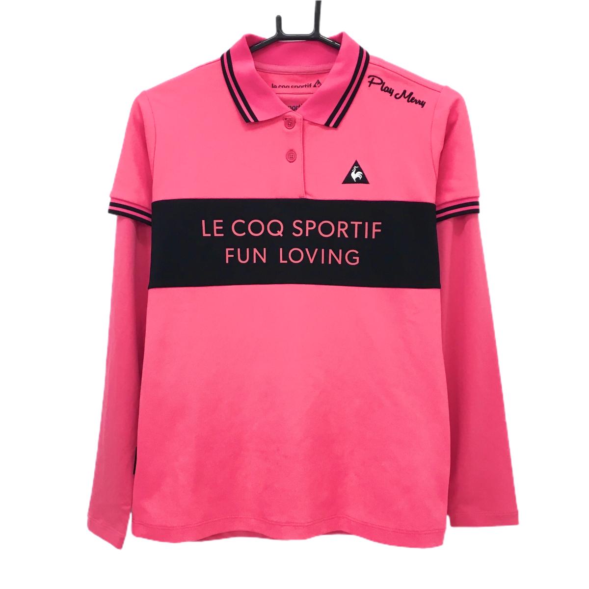 【美品】ルコックゴルフ インナー付半袖ポロシャツ ピンク×黒 胸元ロゴ レディース L ゴルフウェア le coq sportif