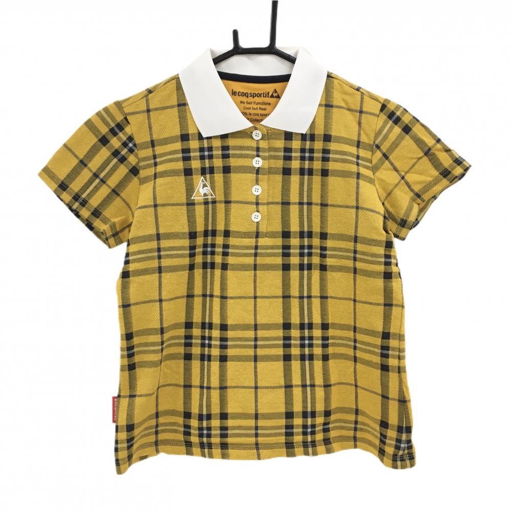 【美品】ルコックゴルフ 半袖ポロシャツ マスタードイエロー系×ネイビー チェック レディース M ゴルフウェア le coq sportif