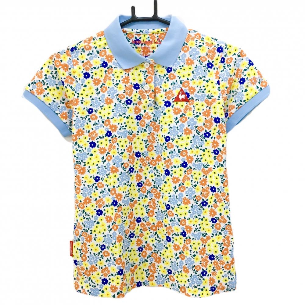 【美品】ルコックゴルフ 半袖ポロシャツ 白×マルチカラー×ライトブルー 花柄 ロゴ刺しゅう レディース M ゴルフウェア le coq sportif