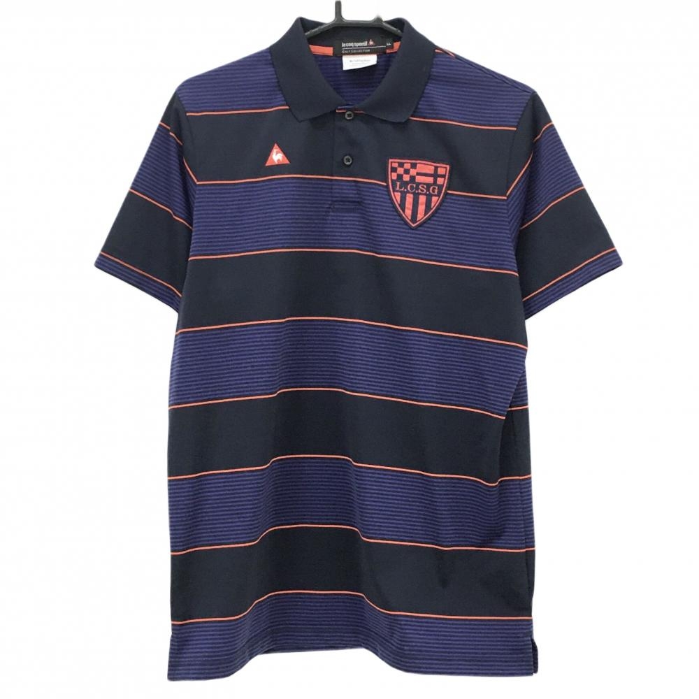 ルコックゴルフ 半袖ポロシャツ ネイビー×パープル ボーダー ロゴ刺しゅう ワッペン  レディース LL ゴルフウェア le coq sportif