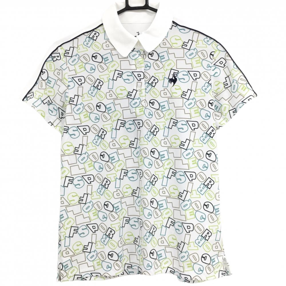 【新品】ルコックゴルフ 半袖ポロシャツ 白×グリーン ロゴ総柄 COOL レディース LL ゴルフウェア le coq sportif