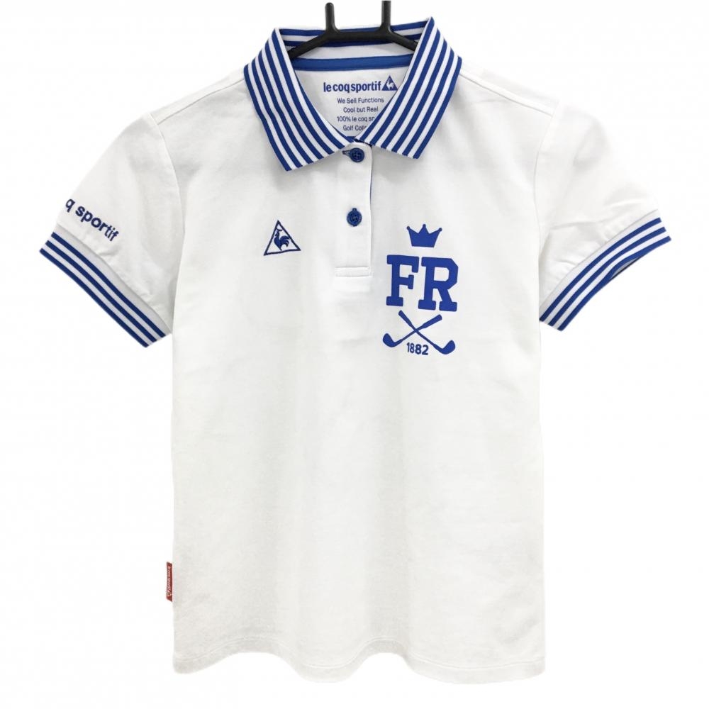【美品】ルコックゴルフ 半袖ポロシャツ 白×ブルー 襟・袖口ボーダー  レディース M ゴルフウェア le coq sportif