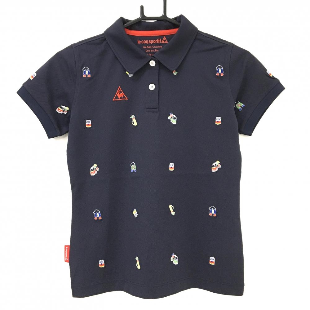 【超美品】ルコックゴルフ 半袖ポロシャツ ネイビー×マルチカラー 総柄 ロゴ刺しゅう レディース M ゴルフウェア le coq sportif