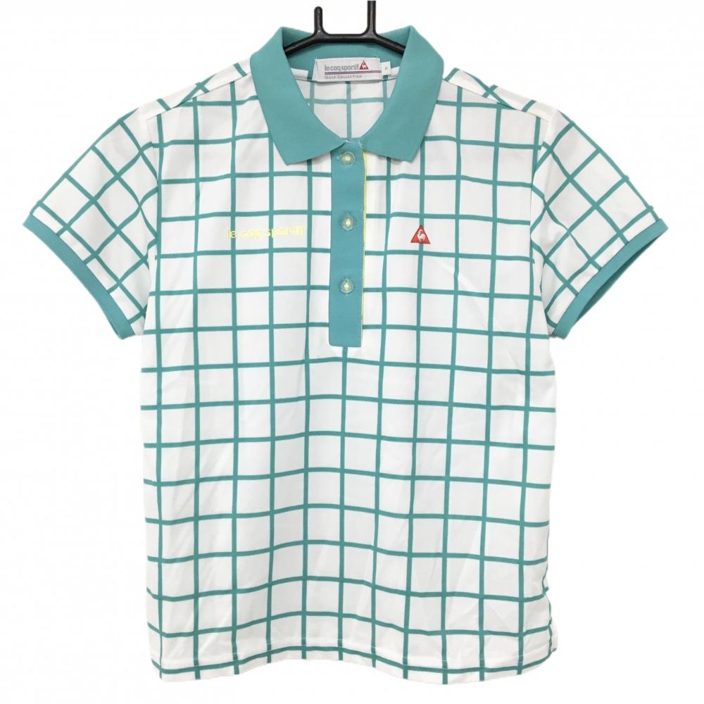 ルコックゴルフ 半袖ポロシャツ 白×グリーン 格子チェック レディース M ゴルフウェア le coq sportif
