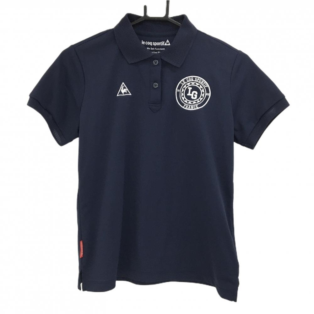 【美品】ルコックゴルフ 半袖ポロシャツ ネイビー 襟・袖口メッシュ ロゴ白 レディース L ゴルフウェア le coq sportif