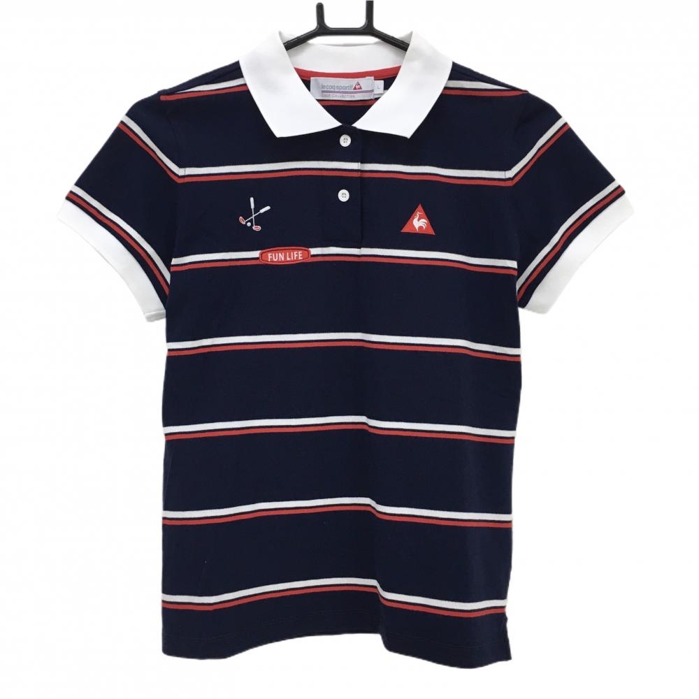 【美品】ルコックゴルフ 半袖ポロシャツ ネイビー×レッド×白 ボーダー ゴルフクラブ刺しゅう レディース L ゴルフウェア le coq sportif