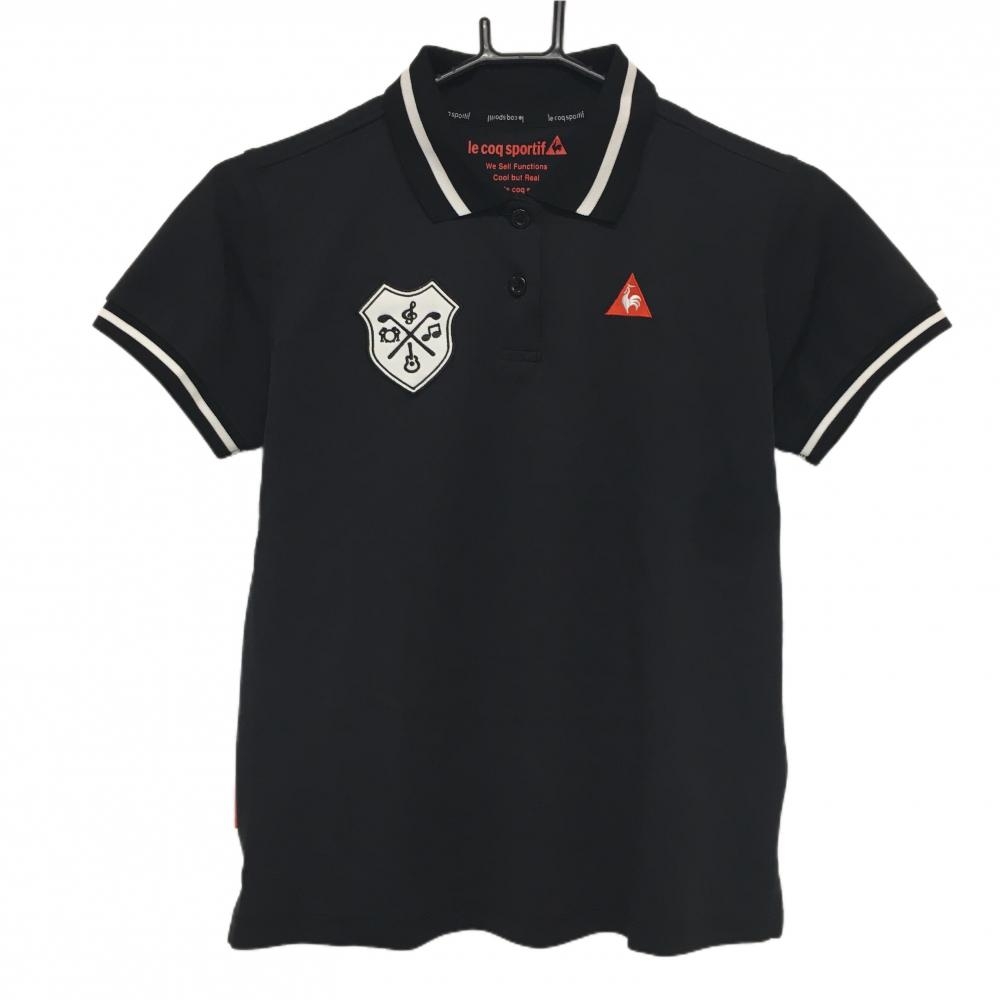 【超美品】ルコックゴルフ 半袖ポロシャツ 黒×白 音符刺しゅう 襟・袖口白ライン レディース M ゴルフウェア le coq sportif