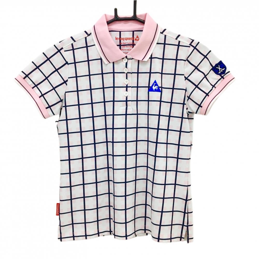 【美品】ルコックゴルフ 半袖ポロシャツ 白×ダークネイビー×ライトピンク 格子チェック  レディース M ゴルフウェア le coq sportif