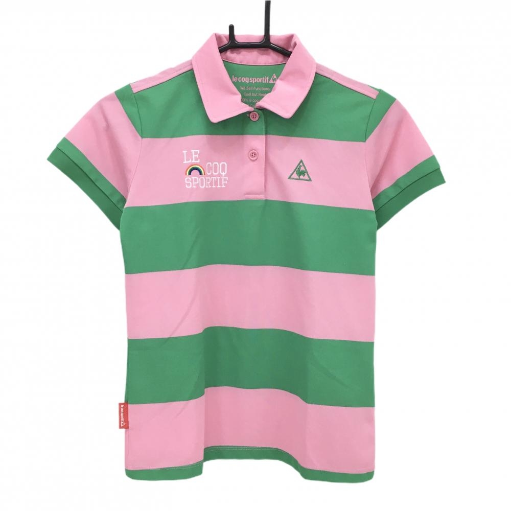 【超美品】ルコックゴルフ 半袖ポロシャツ ピンク×グリーン ボーダー ロゴ  レディース M ゴルフウェア le coq sportif