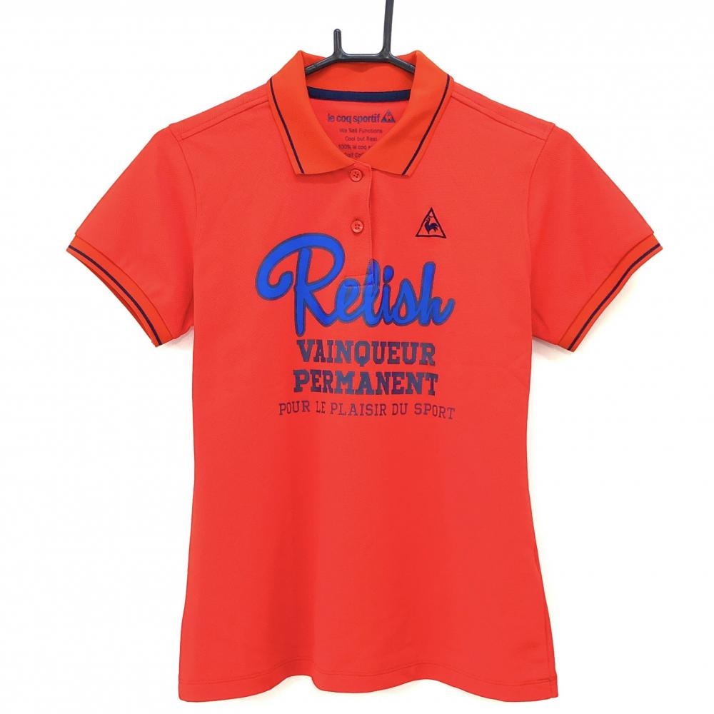 【美品】ルコックゴルフ 半袖ポロシャツ レッド×ネイビー フロント英字 ロゴ刺しゅう レディース L ゴルフウェア le coq sportif