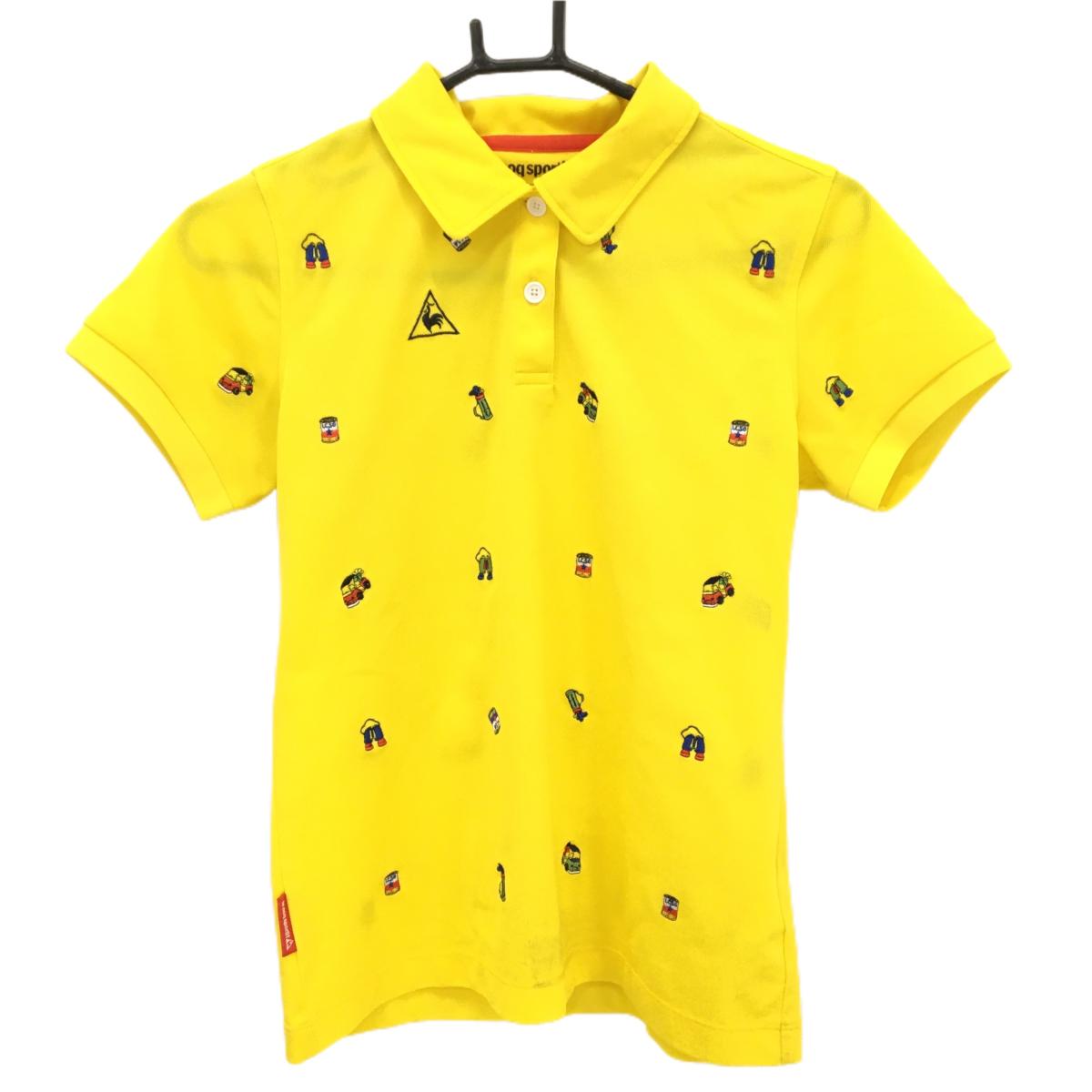 ルコックゴルフ 半袖ポロシャツ イエロー×ブルー 総柄刺しゅう カート 双眼鏡 レディース L ゴルフウェア le coq sportif