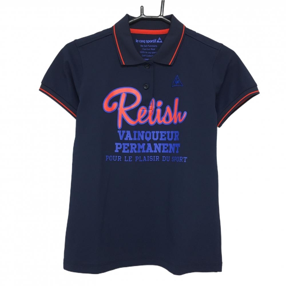 【美品】ルコックゴルフ 半袖ポロシャツ ネイビー ビッグプリント レディース M ゴルフウェア le coq sportif