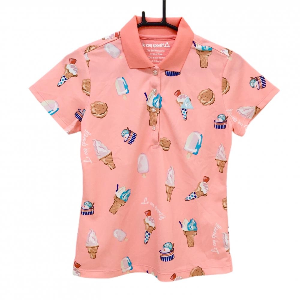 【超美品】ルコックゴルフ 半袖ポロシャツ ピンク×マルチカラー 総柄 ソフトクリーム アイス レディース M ゴルフウェア le coq sportif