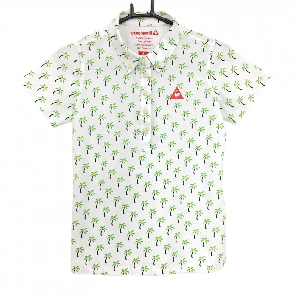 【超美品】ルコックゴルフ 半袖ポロシャツ 白×ライトグリーン ヤシの木総柄 ボタンダウン レディース M ゴルフウェア le coq sportif