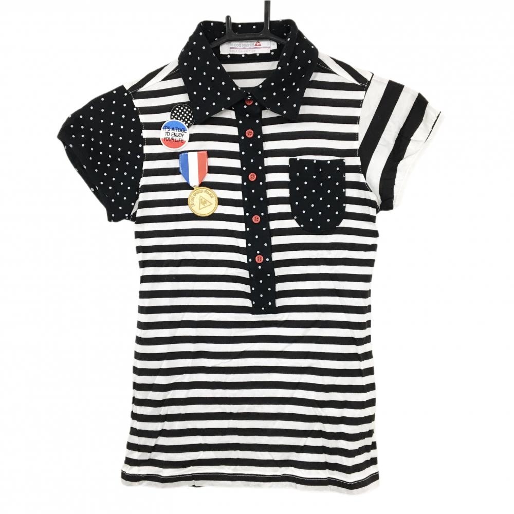 【美品】ルコックゴルフ 半袖ポロシャツ 黒×白 ボーダー ドット  レディース M ゴルフウェア le coq sportif