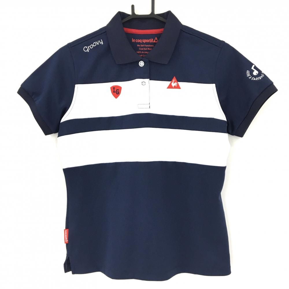 【美品】ルコックゴルフ 半袖ポロシャツ ネイビー×白 胸元切替ライン  レディース LL ゴルフウェア le coq sportif