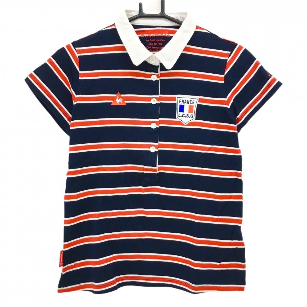 【美品】ルコックゴルフ 半袖ポロシャツ ダークネイビー×レッド ボーダー ワッペン  レディース L ゴルフウェア le coq sportif