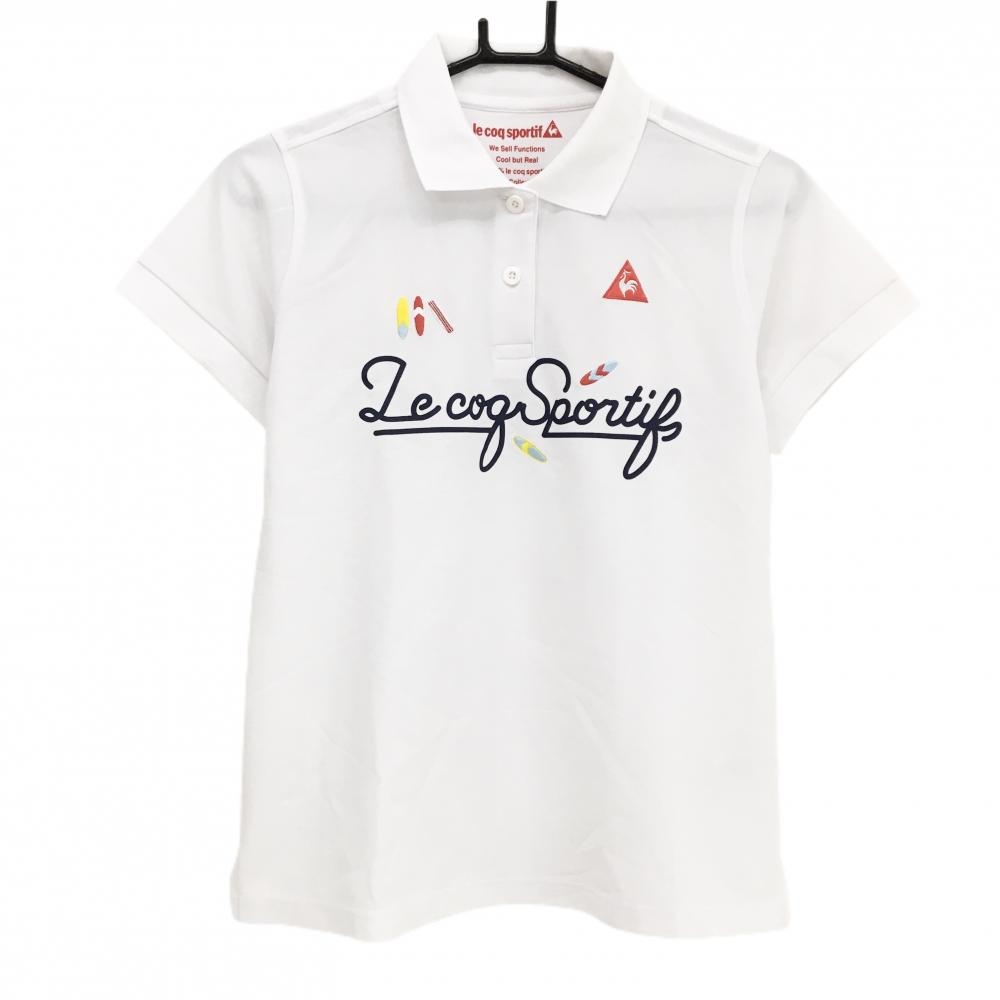 【超美品】ルコックゴルフ 半袖ポロシャツ 白×ネイビー 胸プリント レディース L ゴルフウェア le coq sportif