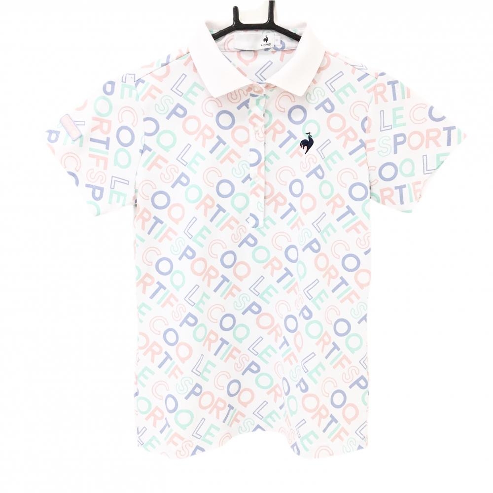 【超美品】ルコックゴルフ 半袖ポロシャツ 白×ピンク ロゴ総柄  レディース M ゴルフウェア le coq sportif