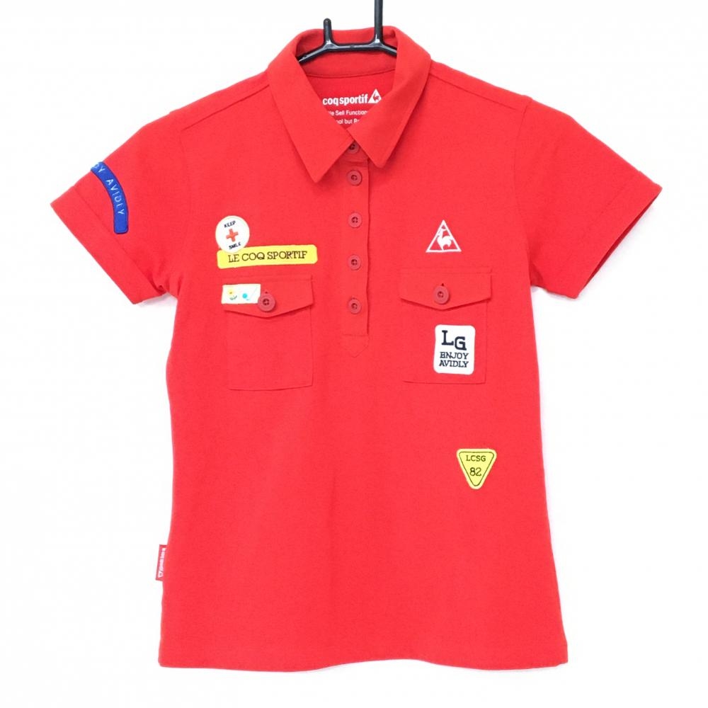 【美品】ルコック 半袖ポロシャツ レッド 複数ワッペン 胸ポケット レディース S ゴルフウェア le coq sportif