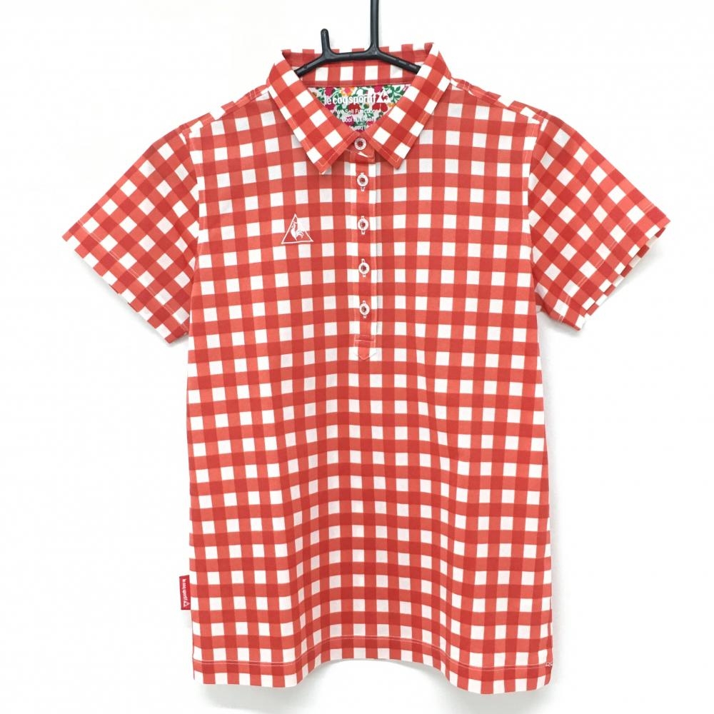 【超美品】ルコックゴルフ 半袖ポロシャツ レッド×白 チェック柄 ロゴ刺しゅう レディース L ゴルフウェア le coq sportif
