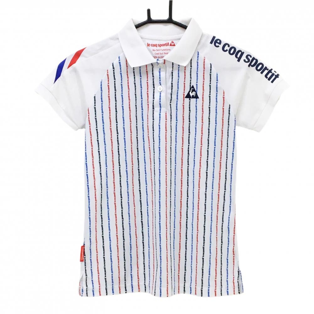 【美品】ルコックゴルフ 半袖ポロシャツ 白×ネイビー×レッド 英字ストライプ レディース M ゴルフウェア le coq sportif