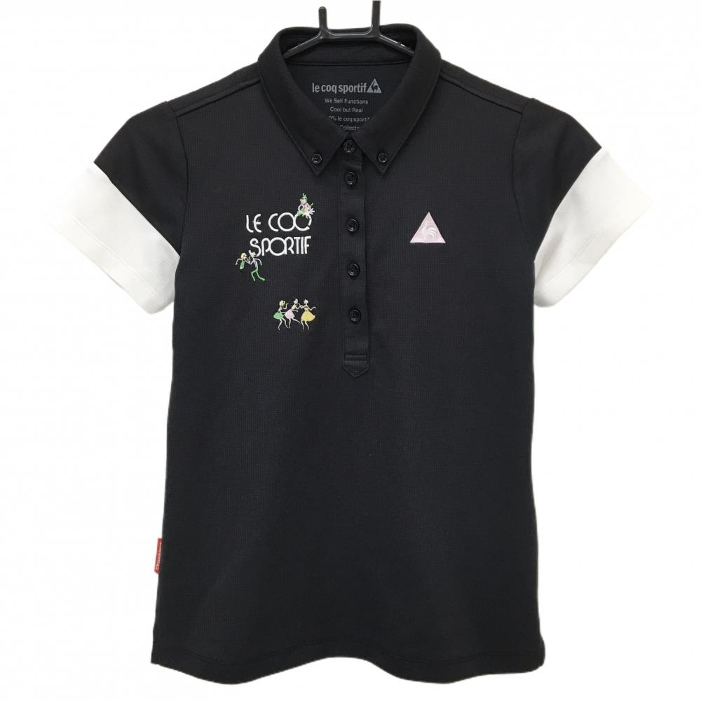 【超美品】ルコックゴルフ 半袖ポロシャツ 黒×白 ロゴ刺しゅう ダンサー ボタンダウン  レディース M ゴルフウェア le coq sportif