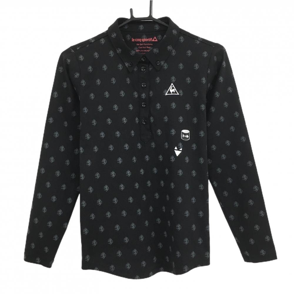 【美品】ルコック 長袖ポロシャツ 黒×グレー 総柄 ボタンダウン レディース M ゴルフウェア le coq sportif