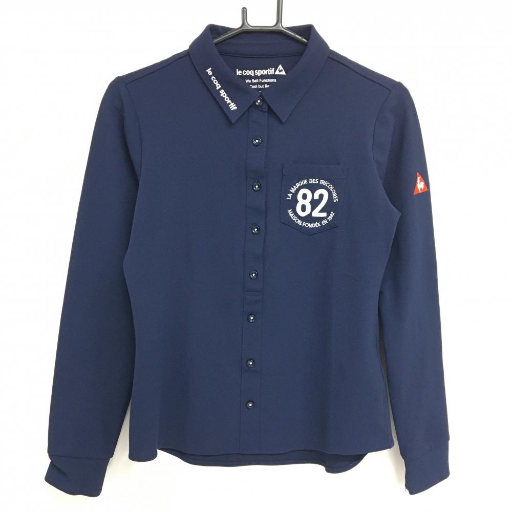 【美品】ルコックゴルフ 長袖ポロシャツ ネイビー×白 襟ロゴ 胸ポケット付  レディース L ゴルフウェア le coq sportif