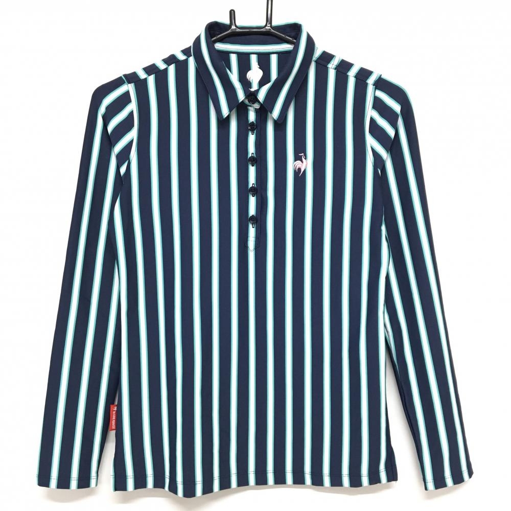 【超美品】ルコックゴルフ 長袖ポロシャツ ネイビー×白 ストライプ ロゴ刺しゅう  レディース S ゴルフウェア le coq sportif
