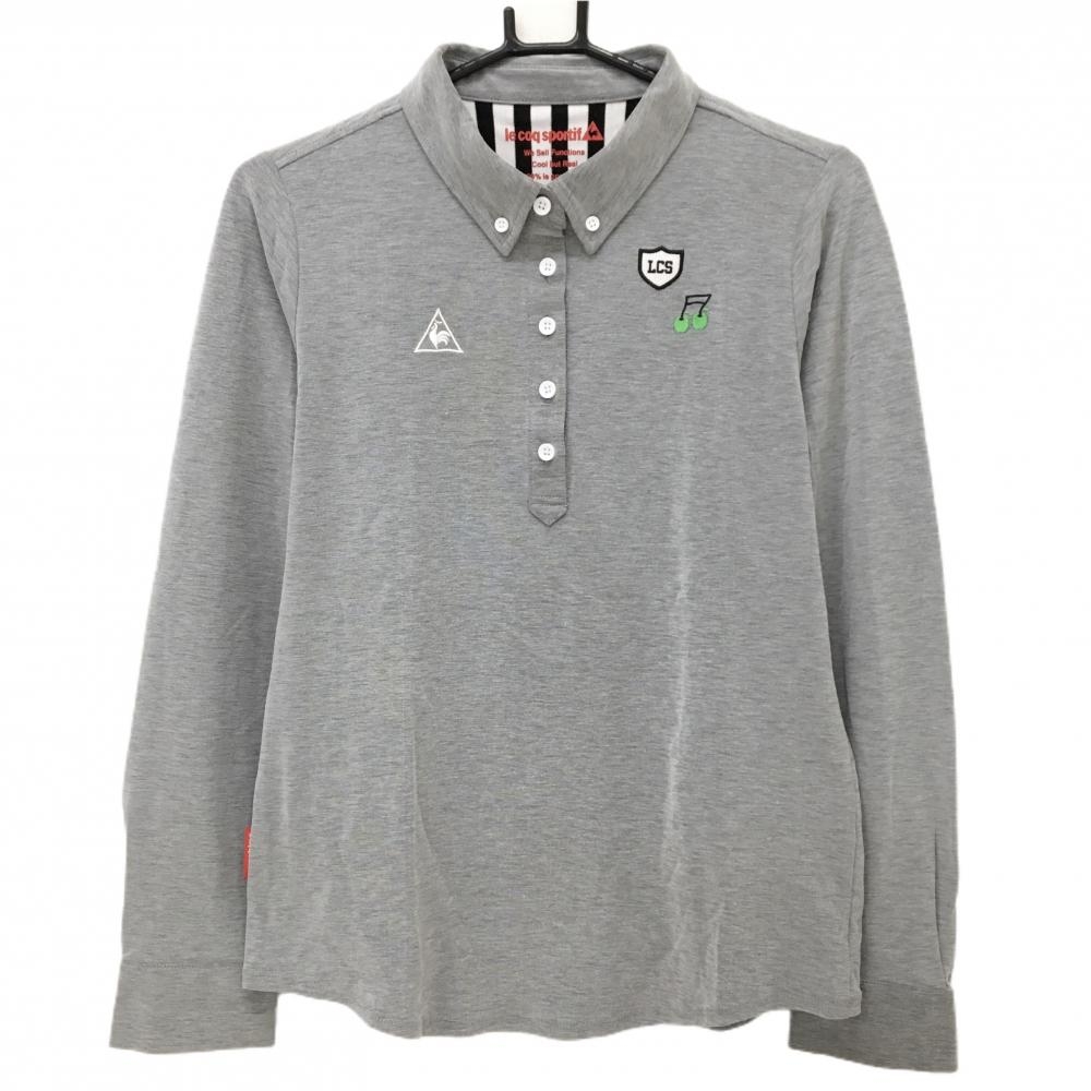 【美品】ルコック 長袖ポロシャツ 杢グレー ロゴ刺しゅう ボタンダウン レディース LL ゴルフウェア le coq sportif