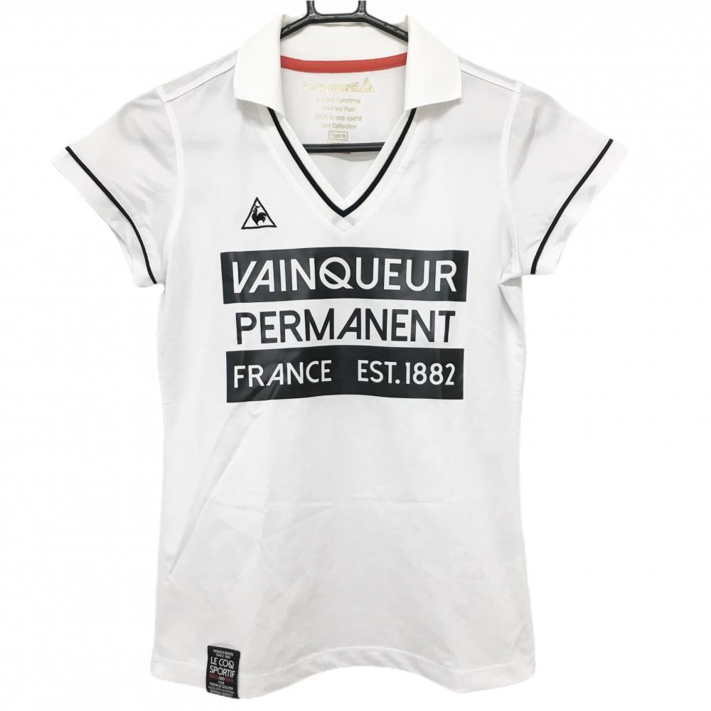 【美品】ルコックゴルフ 襟付き半袖シャツ 白×黒 ロゴ刺しゅう レディース M ゴルフウェア le coq sportif